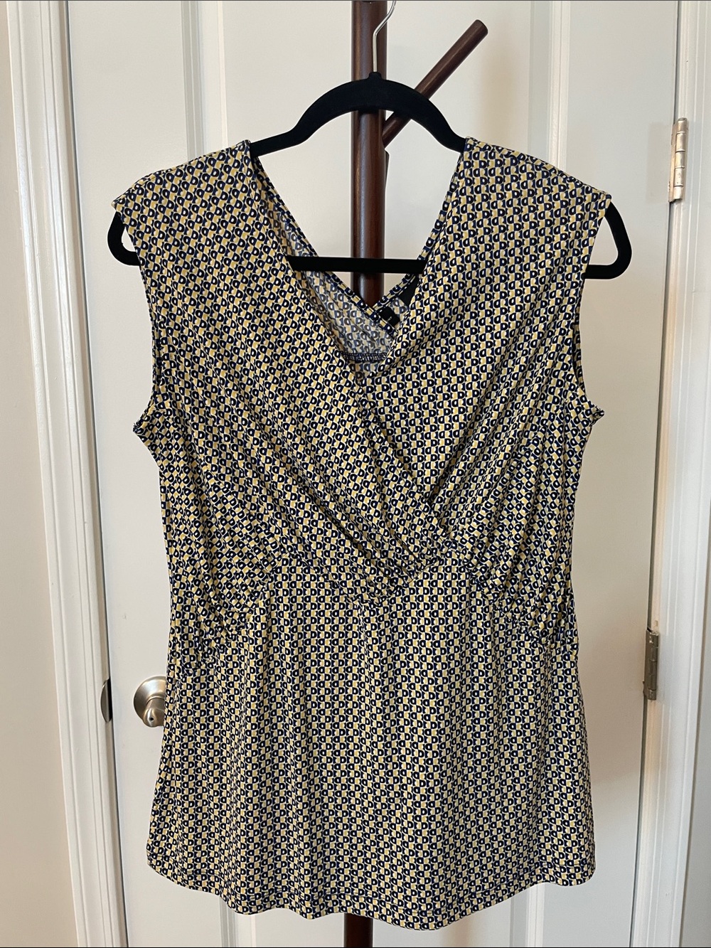 New York & Company Navy and Cream Sleeveless V-Neck Geometric Dress
